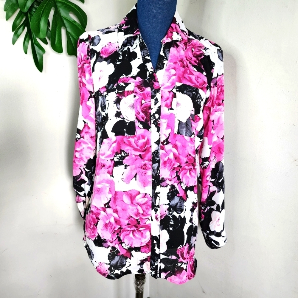 Relativity Button Down Blouse Black And Pink Rose Flowers